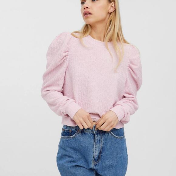 Vero Moda Hela Pink Sweatshirt Crop Top with Statement Long Puff Sleeves - Picture 1 of 7
